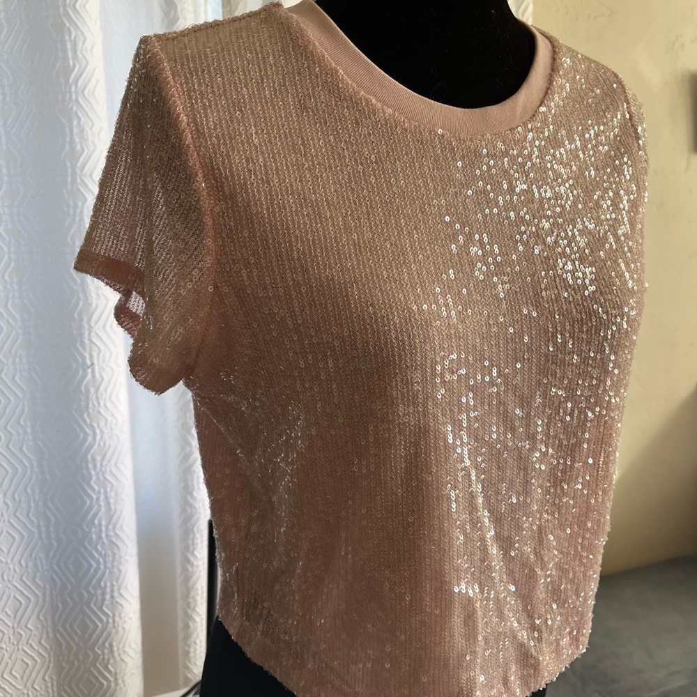 Rachel Zoe Nude Pink Sequin Crop Top L